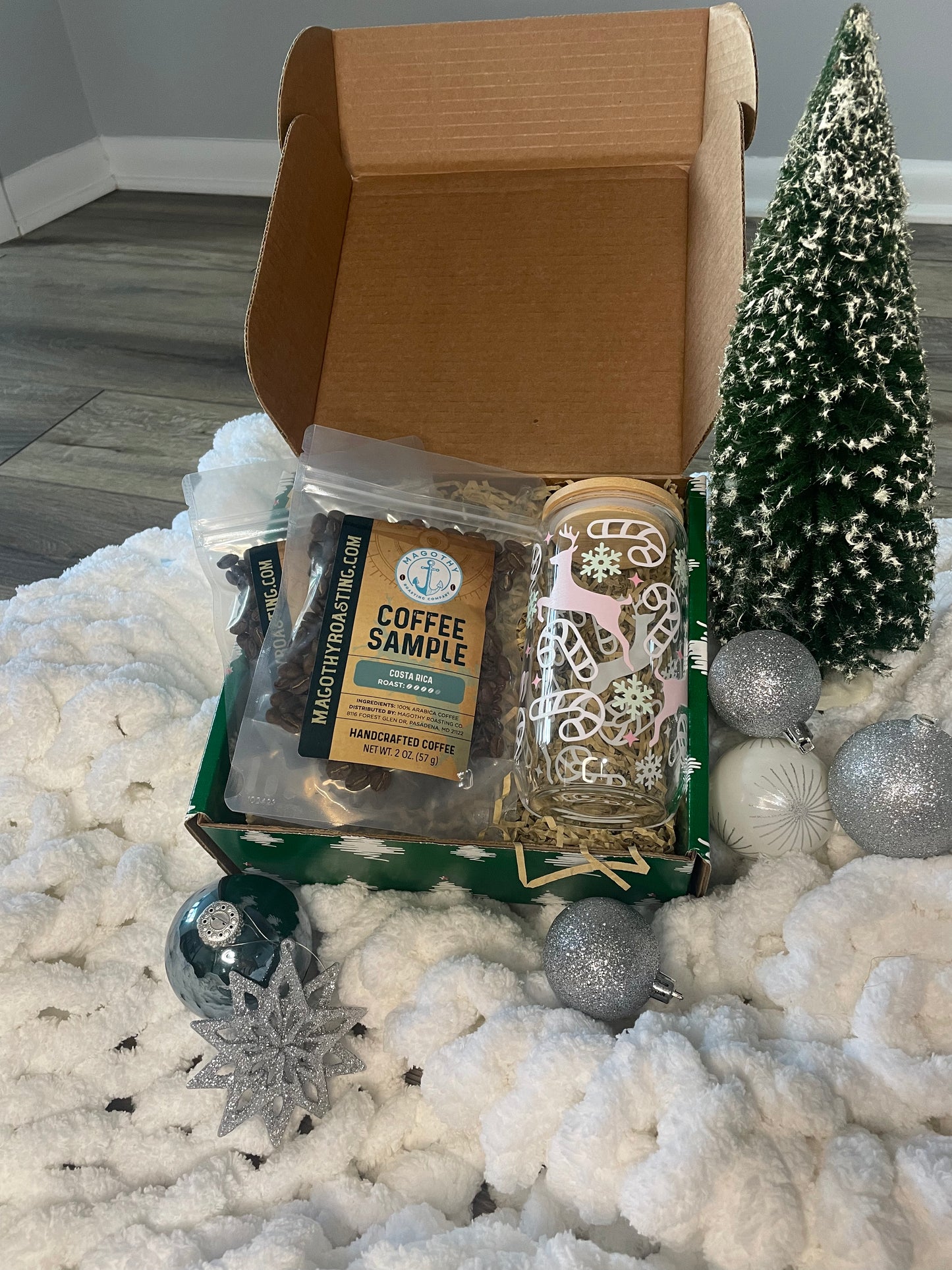 Holiday Gift Box: Glass Tumbler and Fresh Roasted Coffee Bean Samples